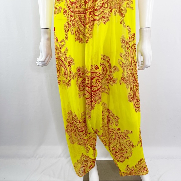 Katharine Story Yellow Jumpsuit Red Paisley Print Silk V-Neck Harem Style OS - Picture 4 of 8